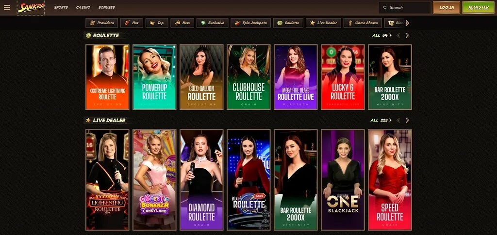A Sankra Casino kezelőfelülete